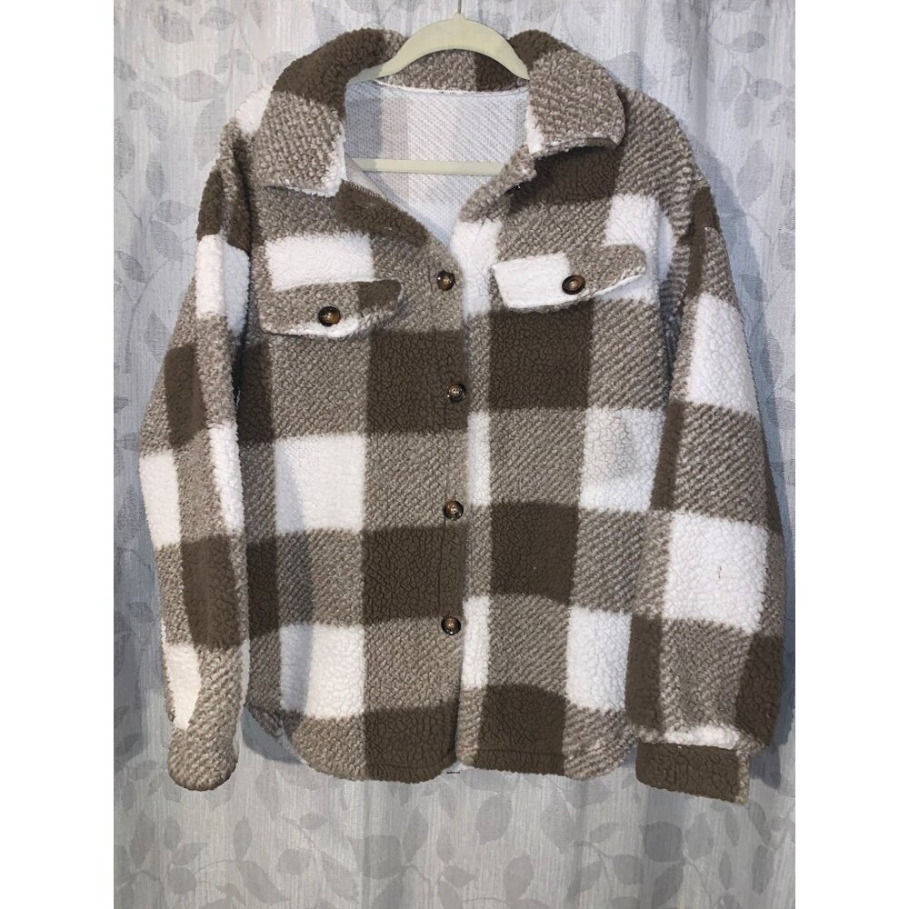 Brown & White Plaid Sherpa Jacket With Button Closure